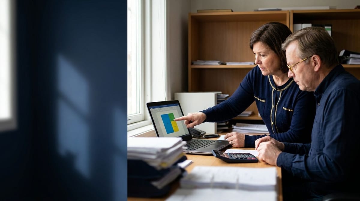 Small-business owners reviewing cash flow before payroll